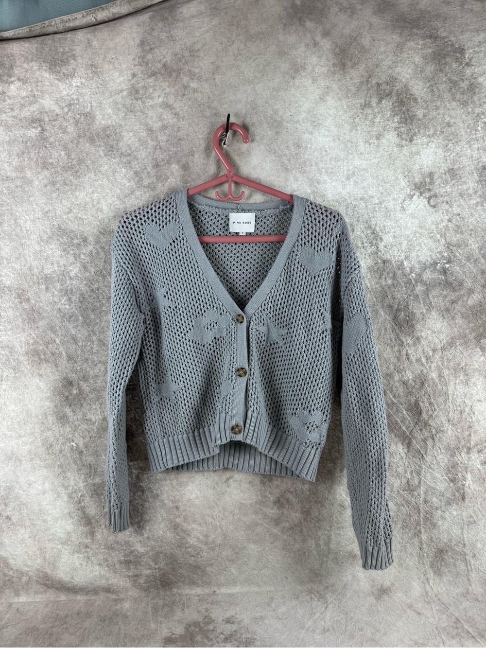 Pink Rose Light Gray Heart-Motif Open-Knit V-Neck Cardigan Small. Back to school